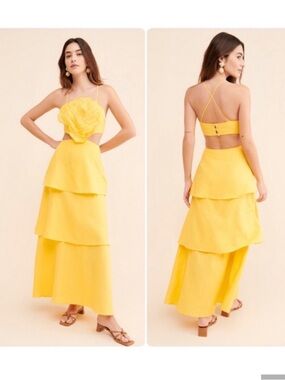 Discontinued Farm Rio yellow 3D floral Tiered midi dress